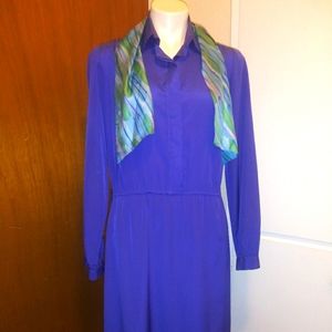Purplish-blue polyester dress (Matson - size 10) and multi-colored scarf